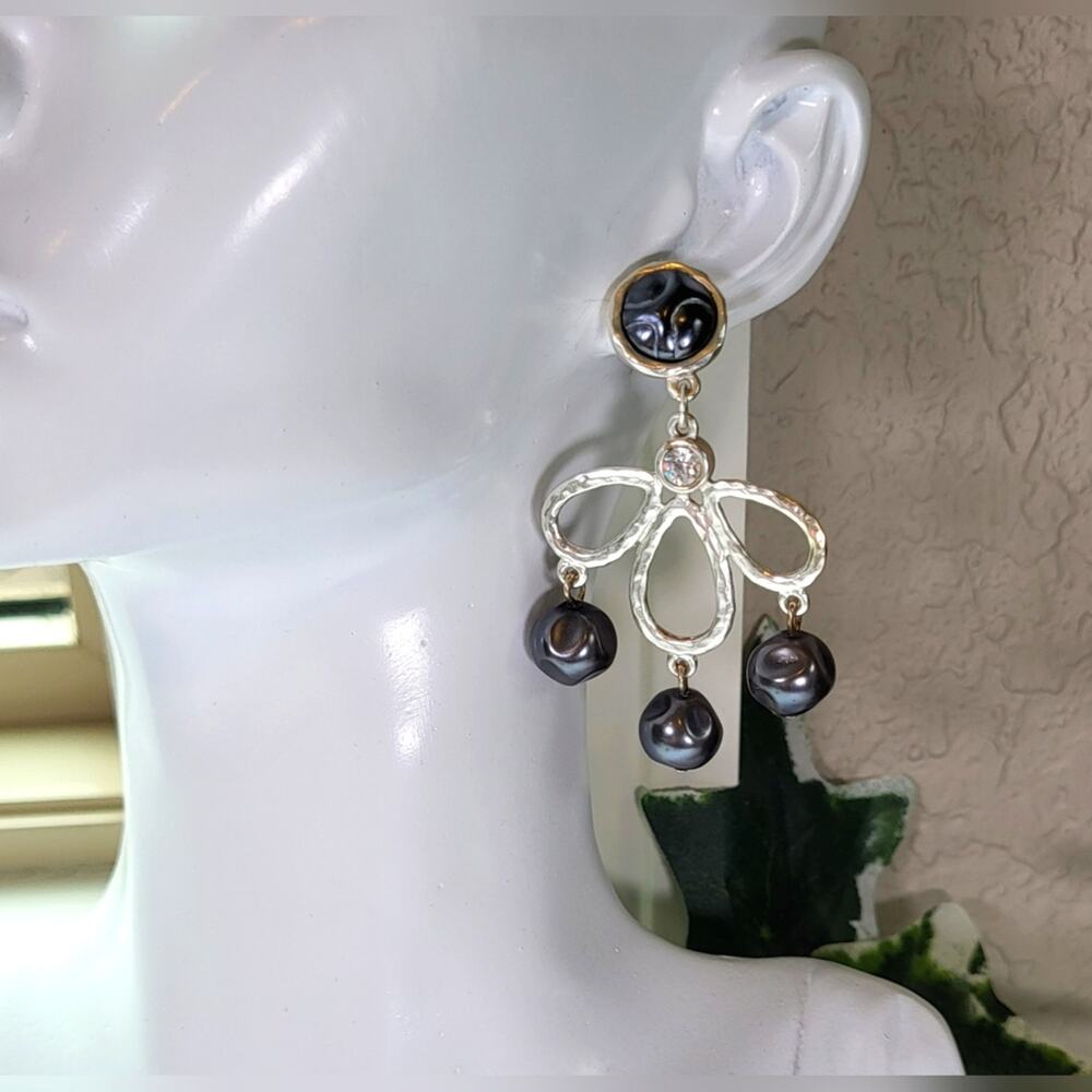 Slate Gray Beaded Silver Statement Dangle Earrings - Picture 3 of 9